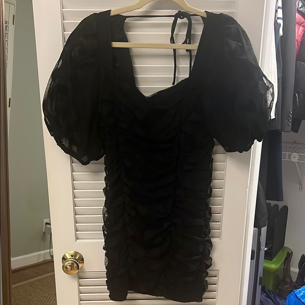 LPA Black Ruched Puff Sleeve Blouse